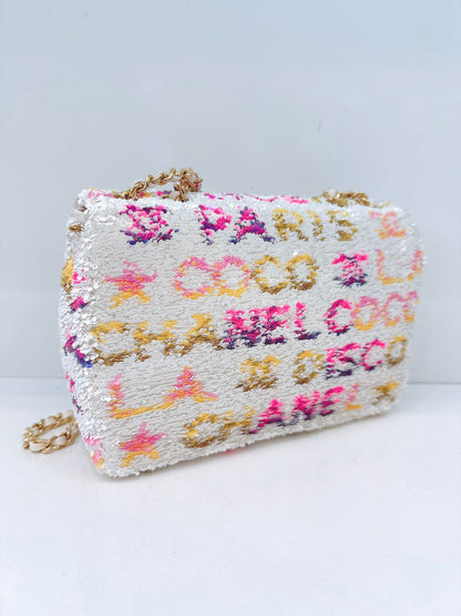 24C WHITE MULTICOLOR SEQUINS LA DISCO MINI FLAP BAG GOLD HARDWARE