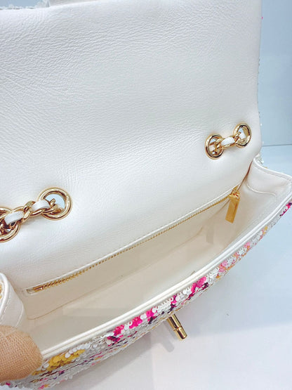 24C WHITE MULTICOLOR SEQUINS LA DISCO MINI FLAP BAG GOLD HARDWARE