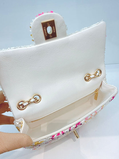 24C WHITE MULTICOLOR SEQUINS LA DISCO MINI FLAP BAG GOLD HARDWARE