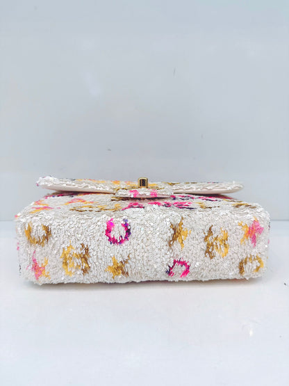 24C WHITE MULTICOLOR SEQUINS LA DISCO MINI FLAP BAG GOLD HARDWARE