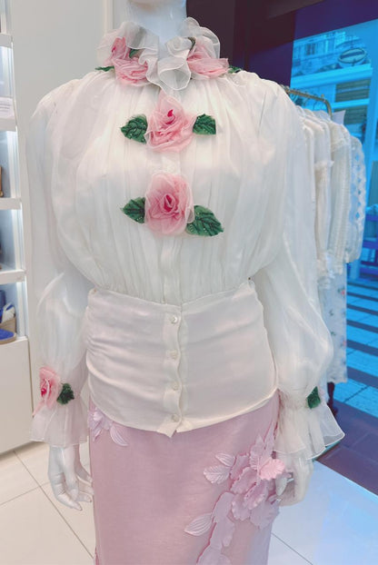 WHITE FLORAL APPLIQUE ORGANZA SILK BLOUSE 38
