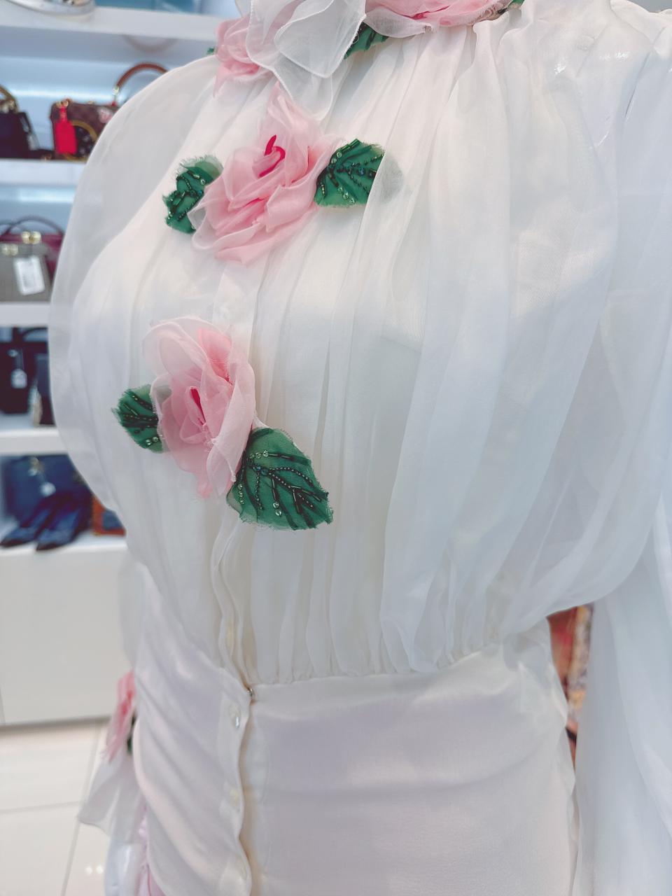 WHITE FLORAL APPLIQUE ORGANZA SILK BLOUSE 38