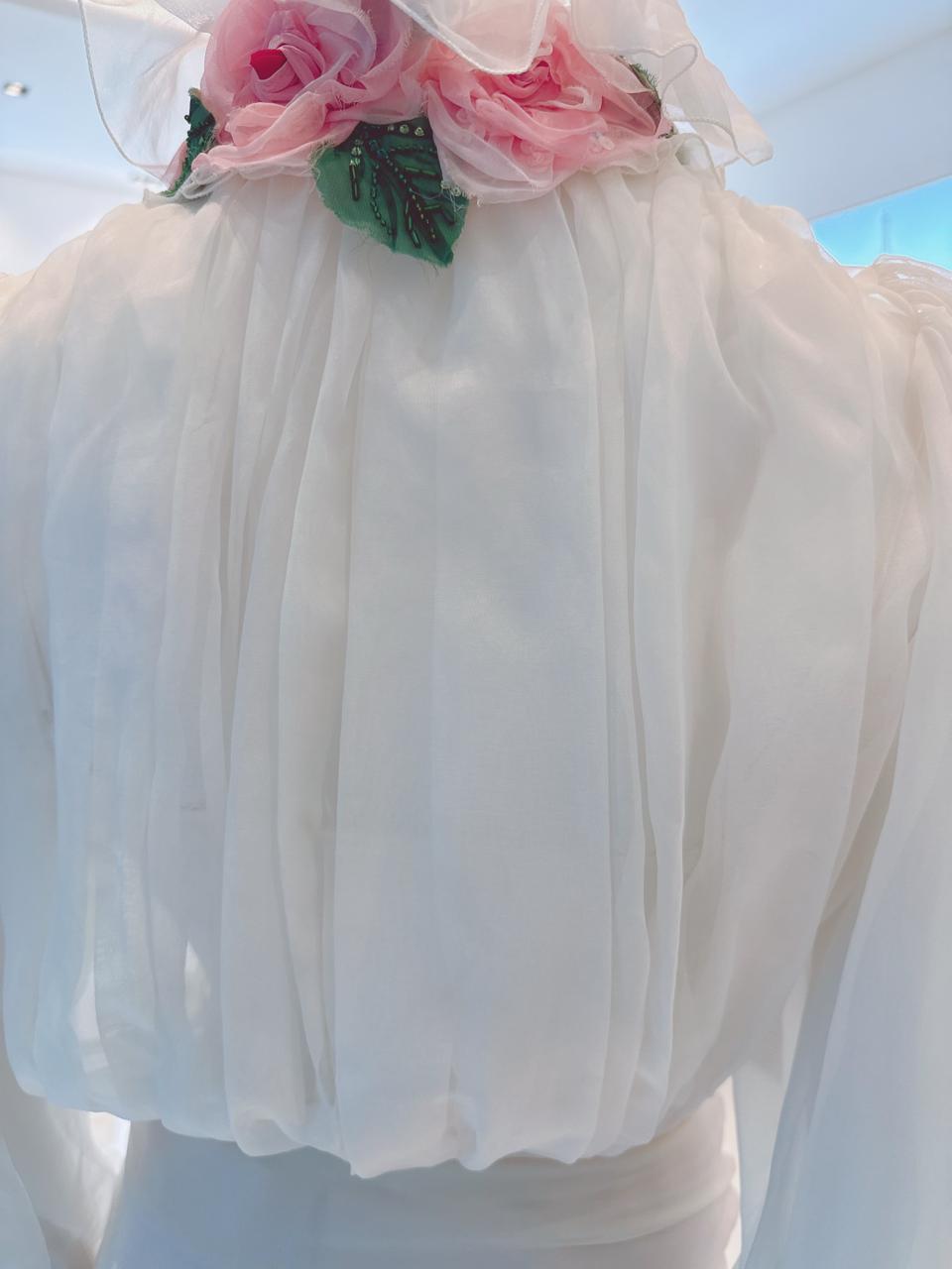 WHITE FLORAL APPLIQUE ORGANZA SILK BLOUSE 38