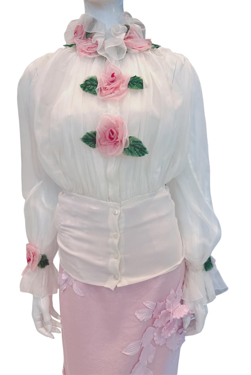 WHITE FLORAL APPLIQUE ORGANZA SILK BLOUSE 38