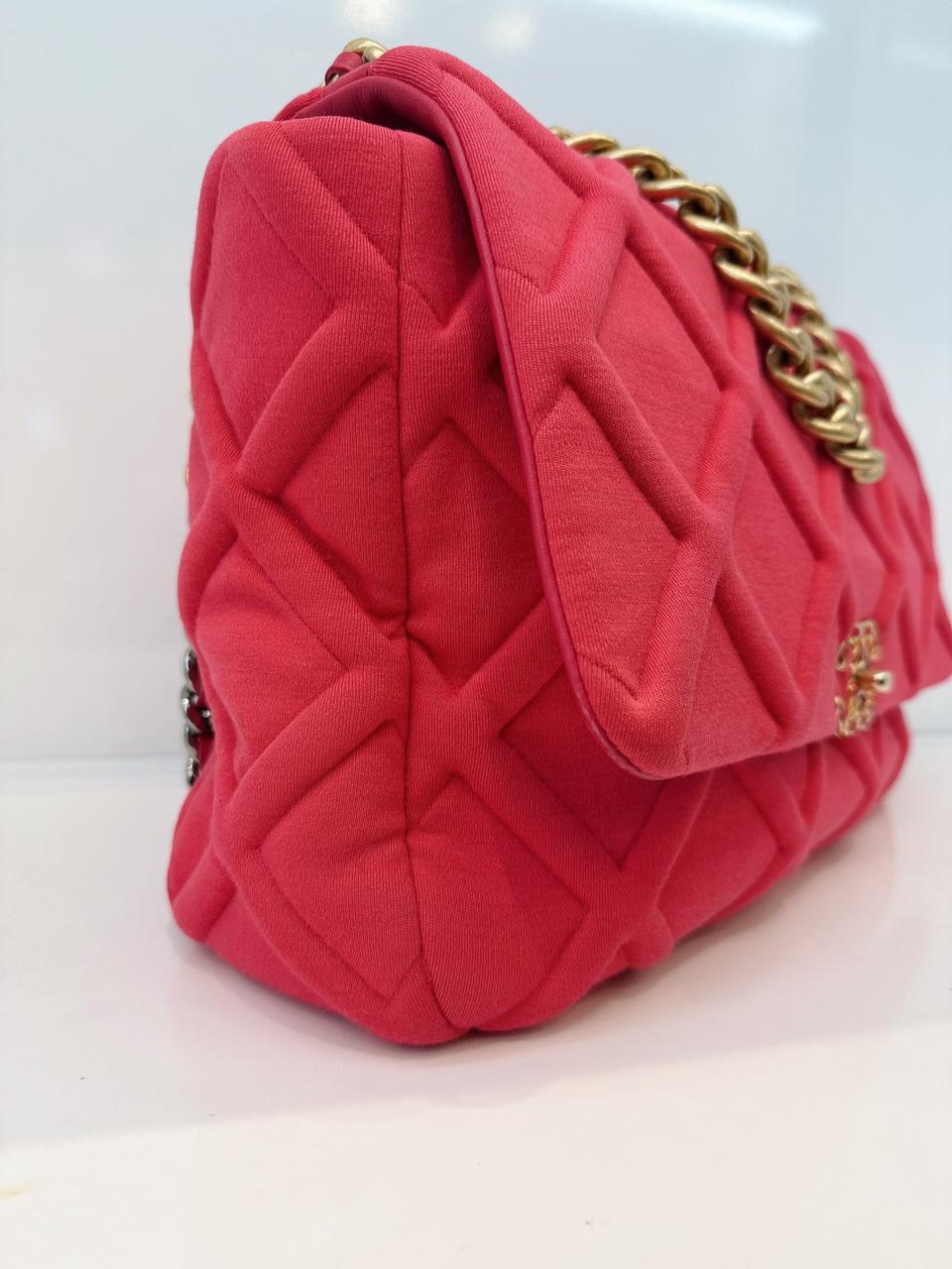 HOT PINK JERSEY QUILTED CHANEL 19 MAXI FLAP HANDBAG