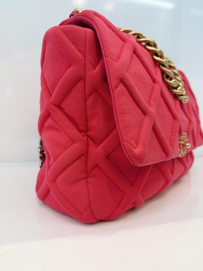HOT PINK JERSEY QUILTED CHANEL 19 MAXI FLAP HANDBAG