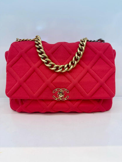 HOT PINK JERSEY QUILTED CHANEL 19 MAXI FLAP HANDBAG