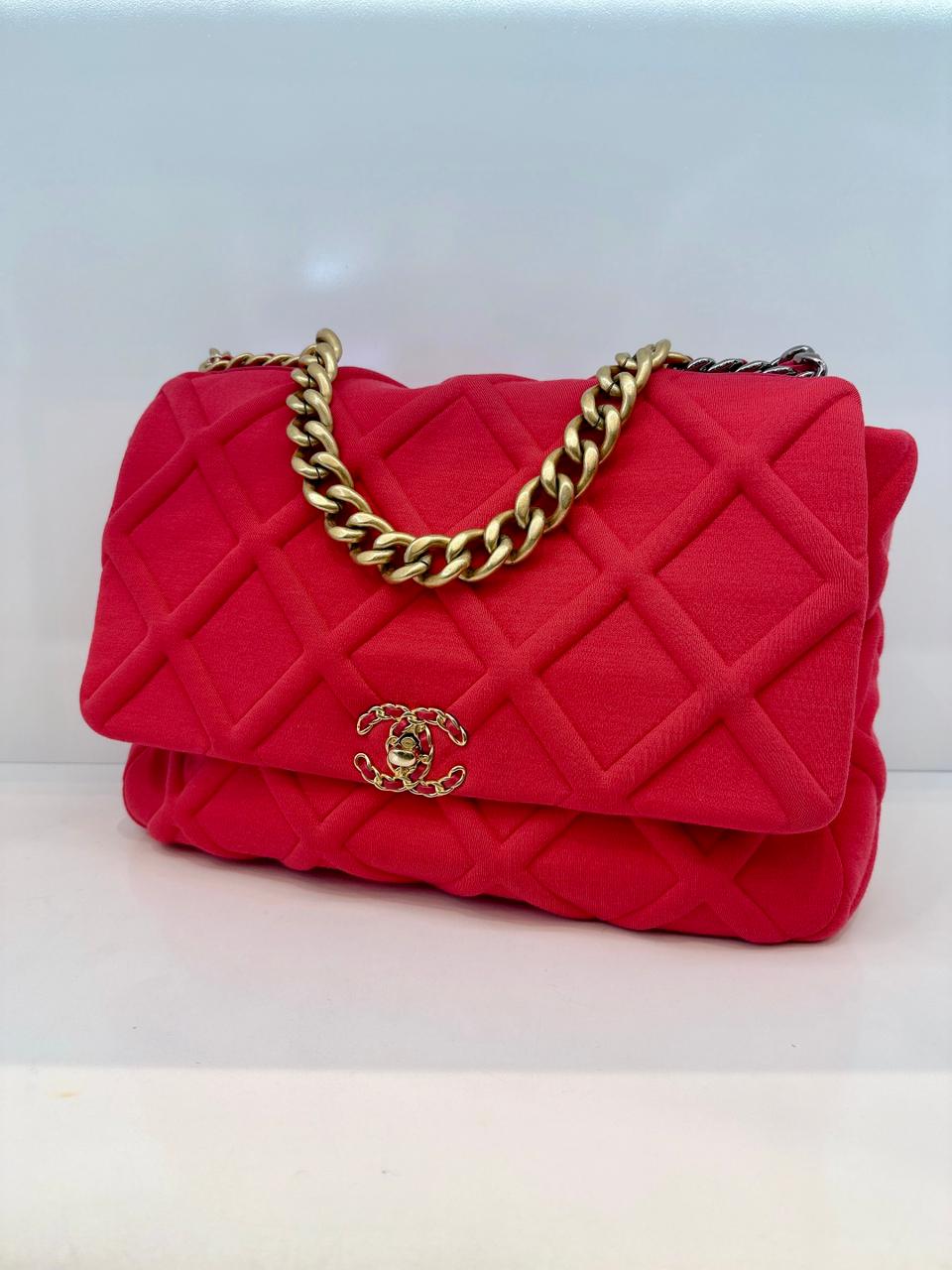 HOT PINK JERSEY QUILTED CHANEL 19 MAXI FLAP HANDBAG