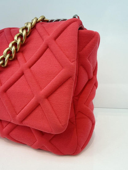HOT PINK JERSEY QUILTED CHANEL 19 MAXI FLAP HANDBAG