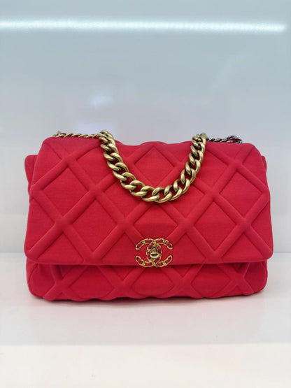 HOT PINK JERSEY QUILTED CHANEL 19 MAXI FLAP HANDBAG