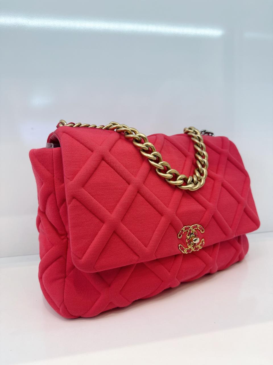 HOT PINK JERSEY QUILTED CHANEL 19 MAXI FLAP HANDBAG