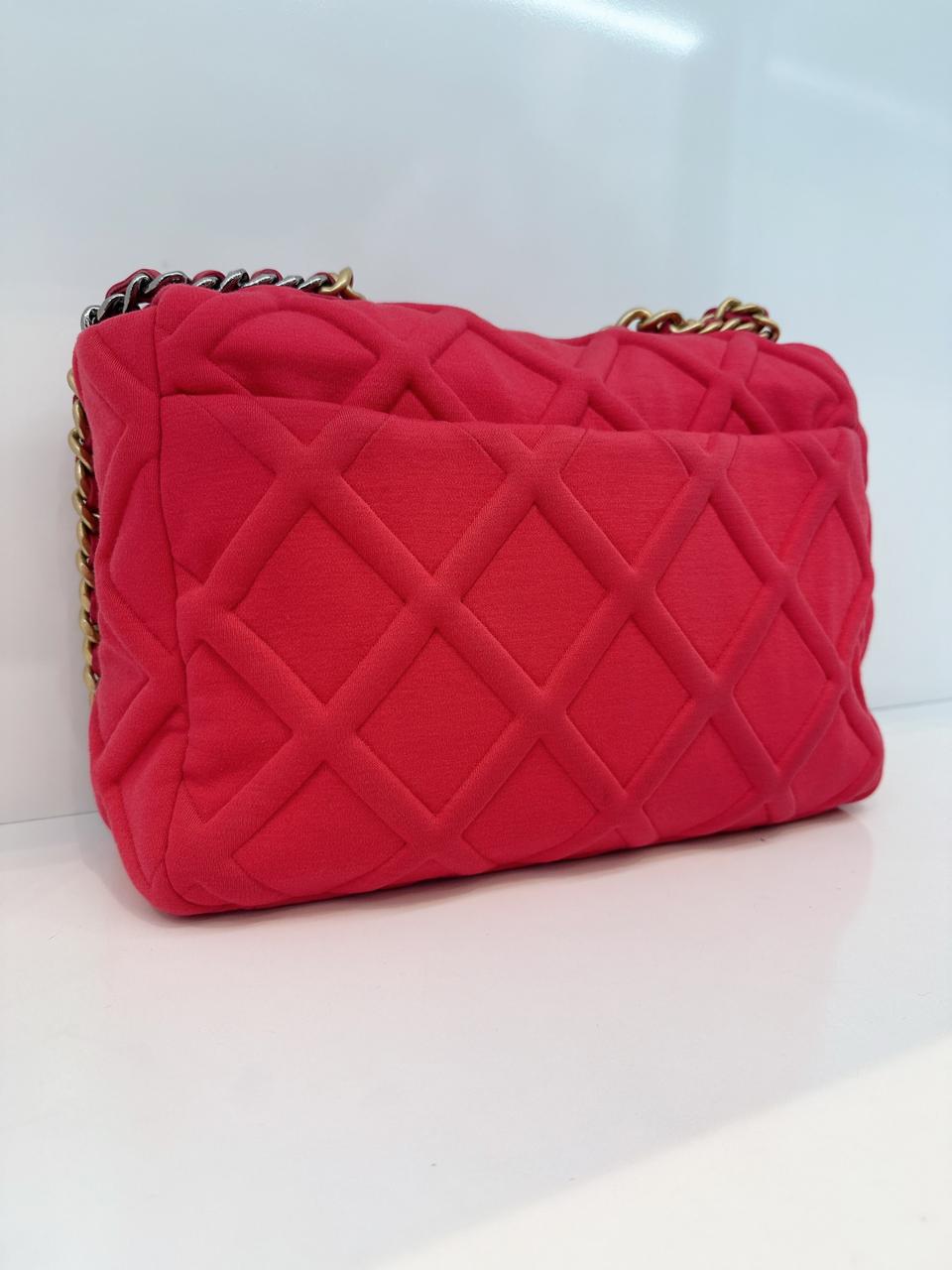 HOT PINK JERSEY QUILTED CHANEL 19 MAXI FLAP HANDBAG