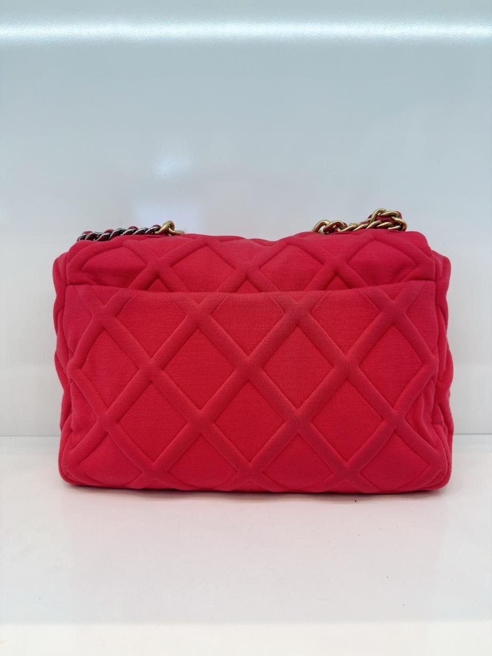 HOT PINK JERSEY QUILTED CHANEL 19 MAXI FLAP HANDBAG