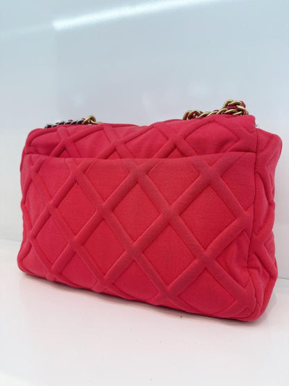 HOT PINK JERSEY QUILTED CHANEL 19 MAXI FLAP HANDBAG