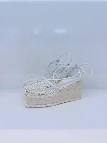 WHITE MESH AND LEATHER WEDGE PLATFORM ESPADRILE ANKLE WRAP SANDALS 38