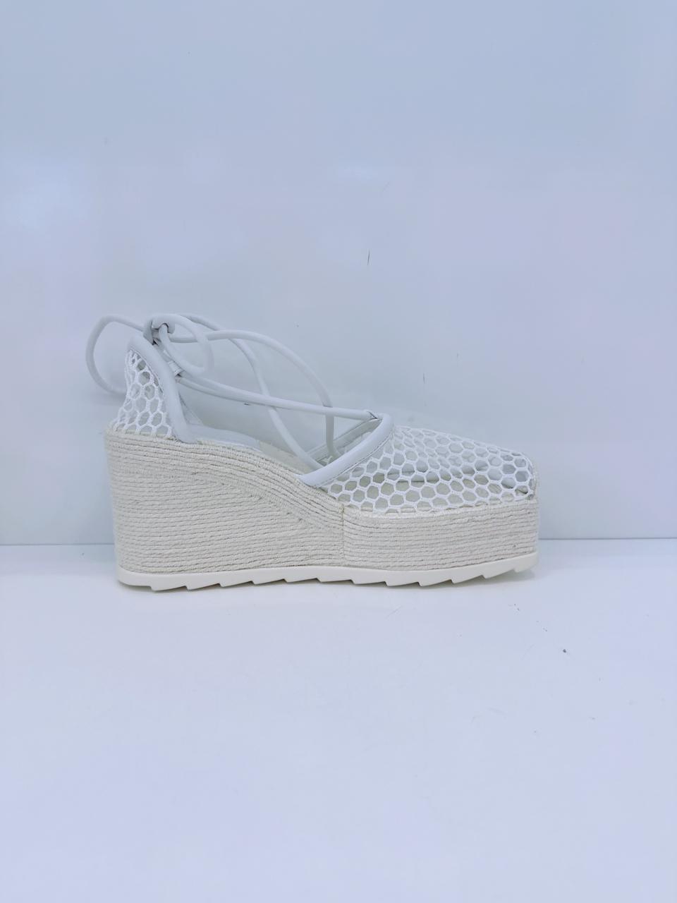 WHITE MESH AND LEATHER WEDGE PLATFORM ESPADRILE ANKLE WRAP SANDALS 38