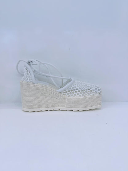 WHITE MESH AND LEATHER WEDGE PLATFORM ESPADRILE ANKLE WRAP SANDALS 38