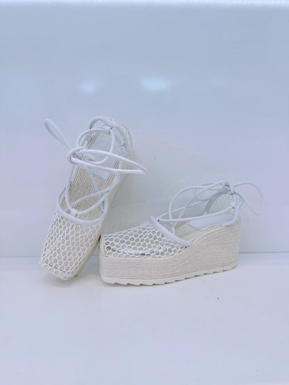 WHITE MESH AND LEATHER WEDGE PLATFORM ESPADRILE ANKLE WRAP SANDALS 38