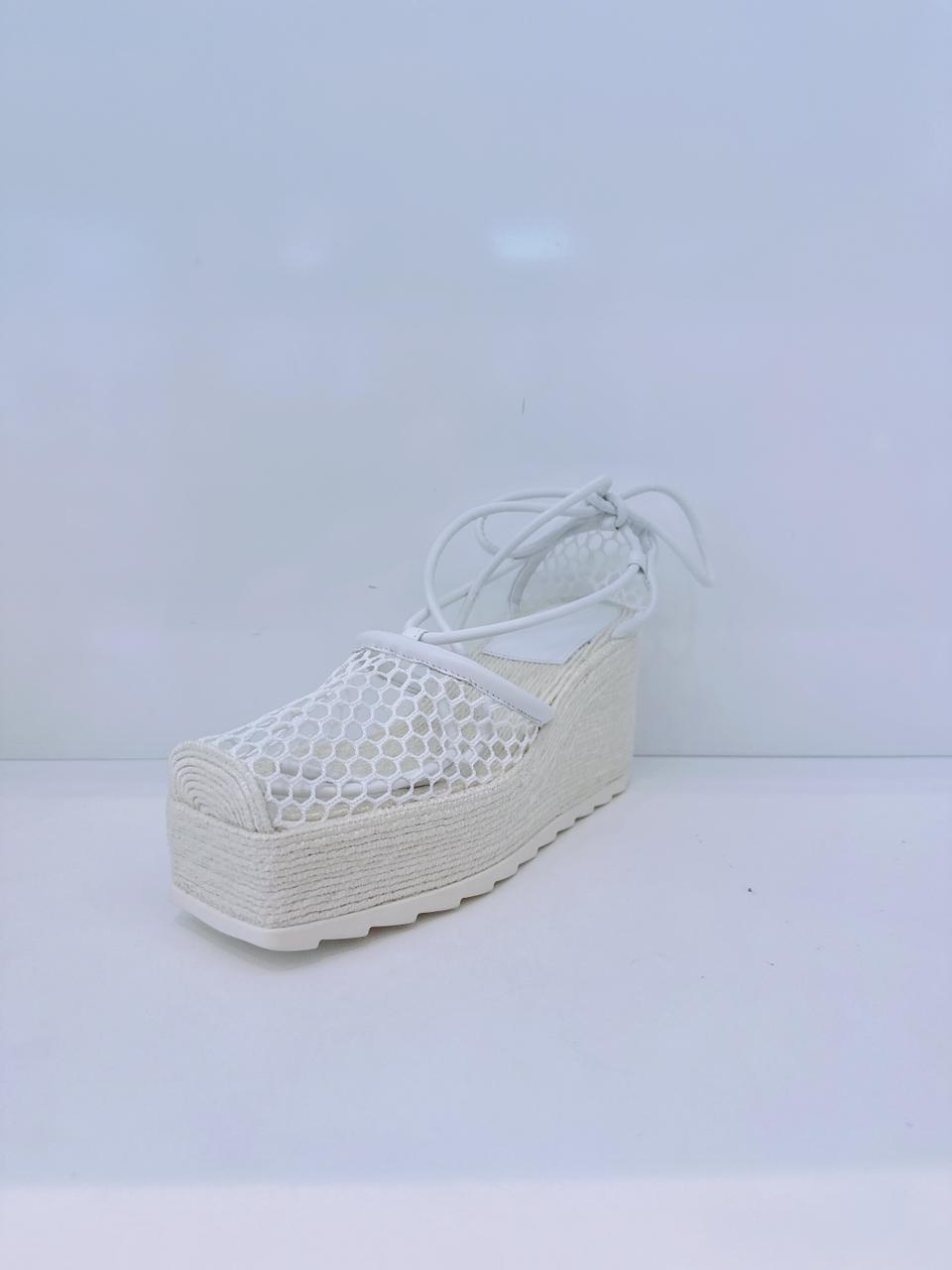 WHITE MESH AND LEATHER WEDGE PLATFORM ESPADRILE ANKLE WRAP SANDALS 38