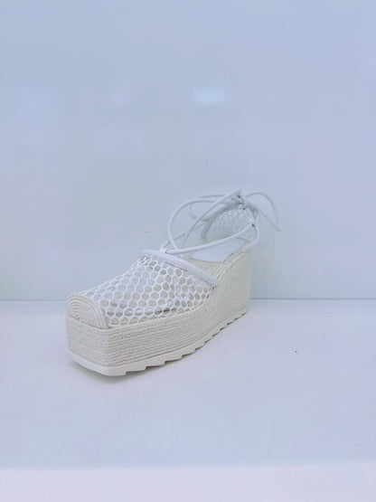 WHITE MESH AND LEATHER WEDGE PLATFORM ESPADRILE ANKLE WRAP SANDALS 38