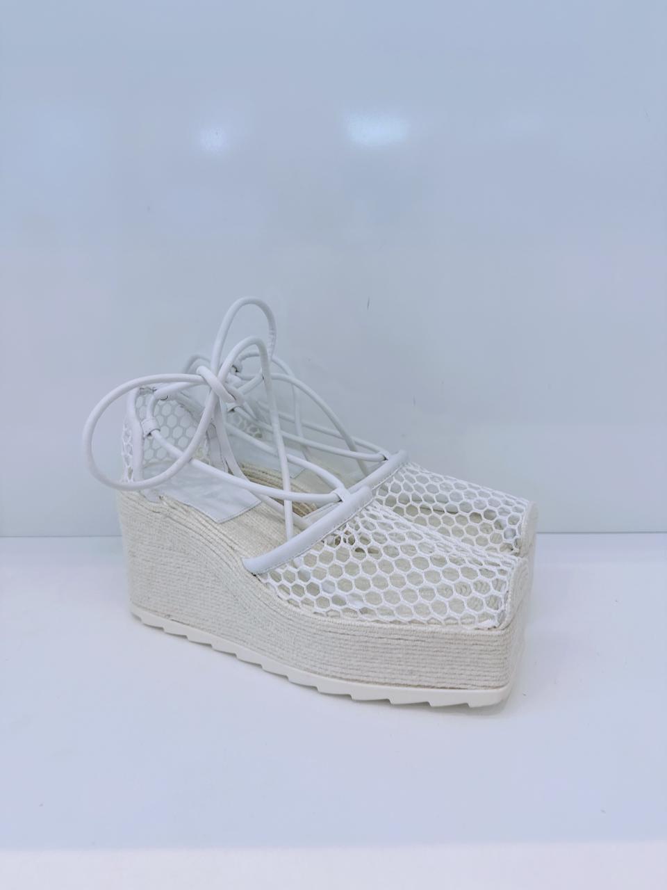 WHITE MESH AND LEATHER WEDGE PLATFORM ESPADRILE ANKLE WRAP SANDALS 38