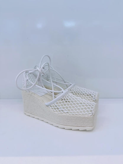 WHITE MESH AND LEATHER WEDGE PLATFORM ESPADRILE ANKLE WRAP SANDALS 38