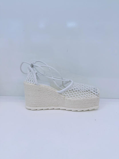 WHITE MESH AND LEATHER WEDGE PLATFORM ESPADRILE ANKLE WRAP SANDALS 38