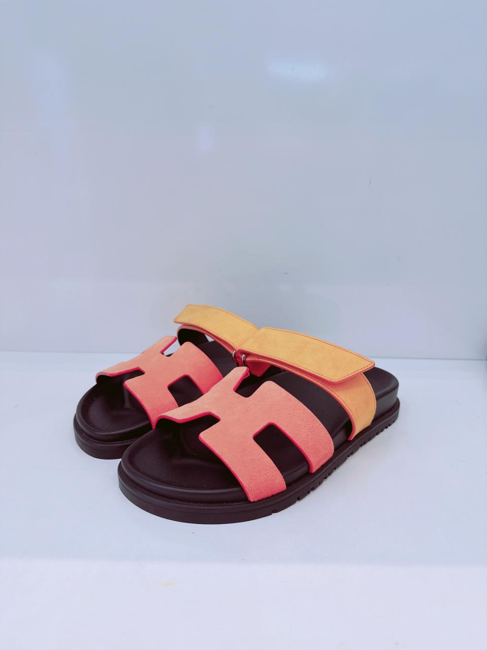 VIBRANT ORANGE AND RED SUADE AND GOATSKIN CHYPRE SANDALS  SIZE36