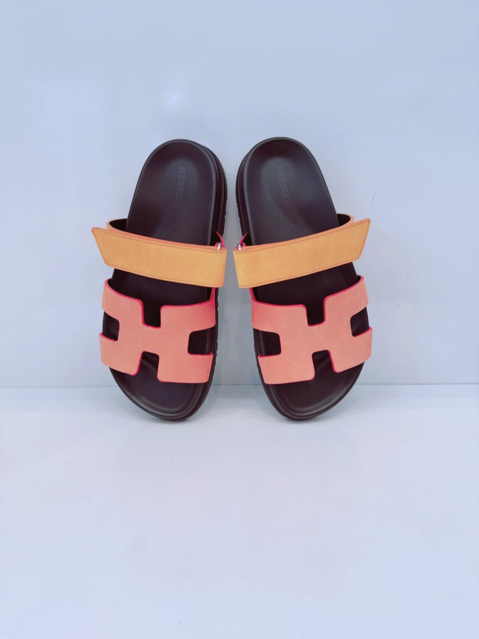VIBRANT ORANGE AND RED SUADE AND GOATSKIN CHYPRE SANDALS  SIZE36