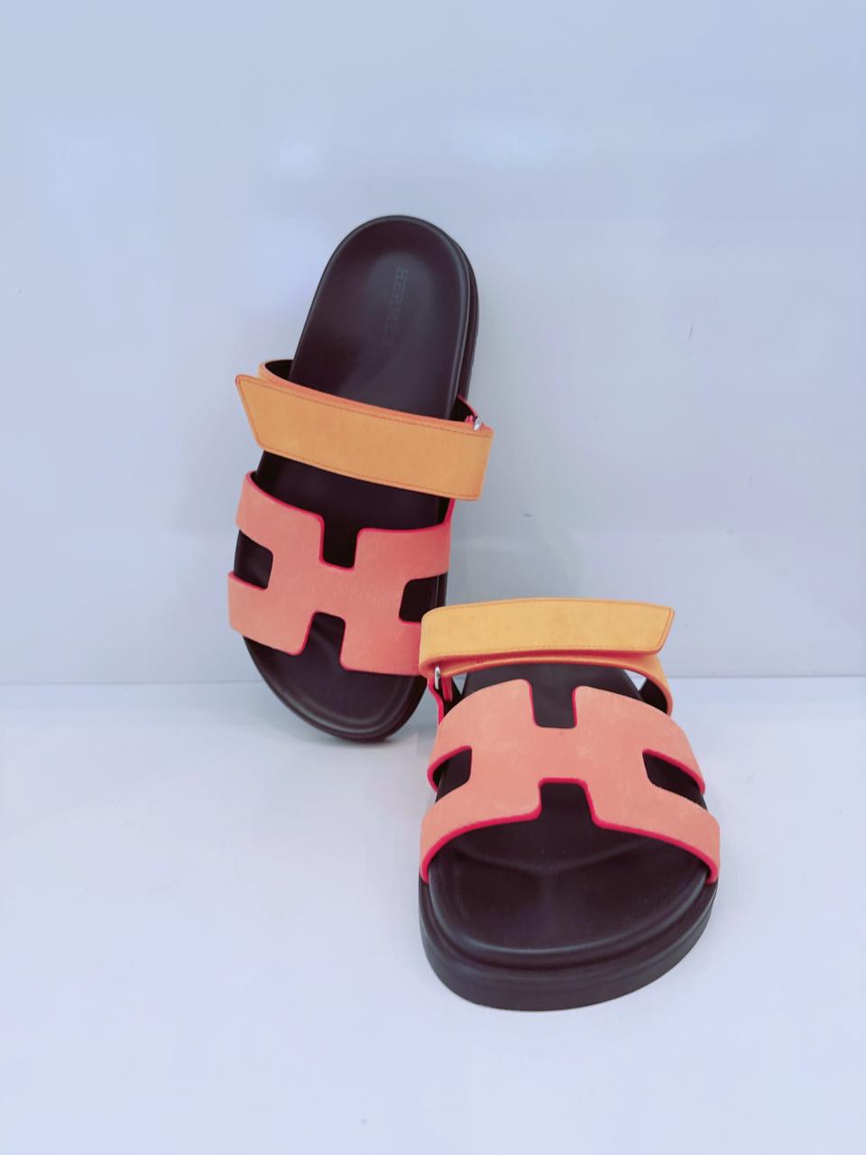 VIBRANT ORANGE AND RED SUADE AND GOATSKIN CHYPRE SANDALS  SIZE36