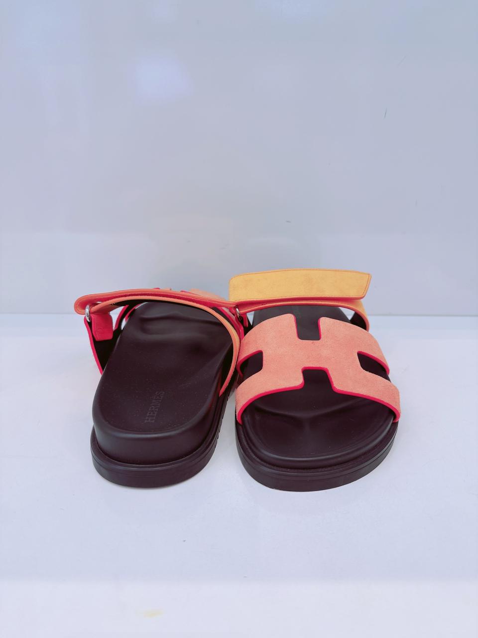 VIBRANT ORANGE AND RED SUADE AND GOATSKIN CHYPRE SANDALS  SIZE36