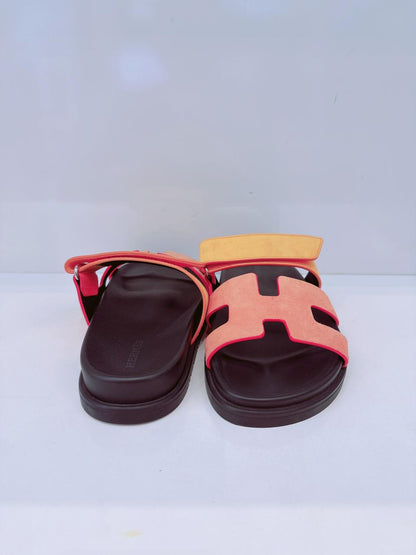 VIBRANT ORANGE AND RED SUADE AND GOATSKIN CHYPRE SANDALS  SIZE36