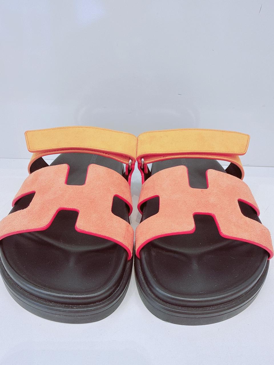 VIBRANT ORANGE AND RED SUADE AND GOATSKIN CHYPRE SANDALS  SIZE36