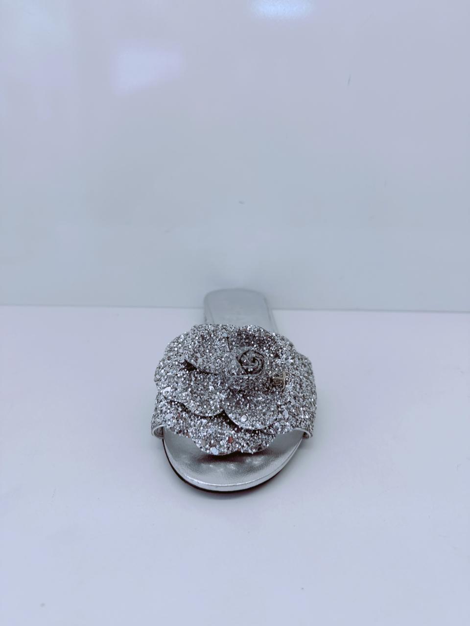 SILVER GLITTER FABRIC CAMELLIA EMBELLISHED CC FLATS  36