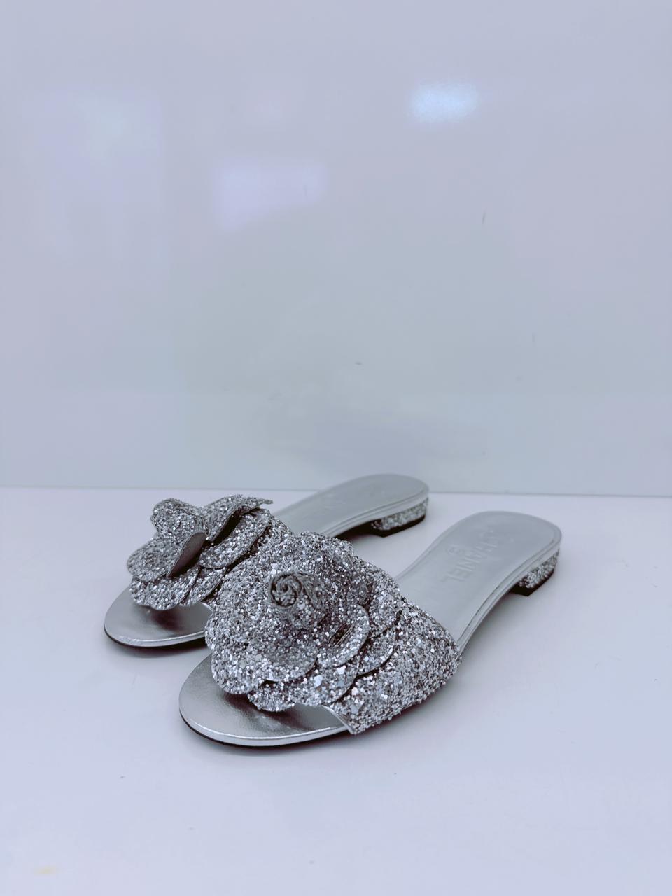 SILVER GLITTER FABRIC CAMELLIA EMBELLISHED CC FLATS  36