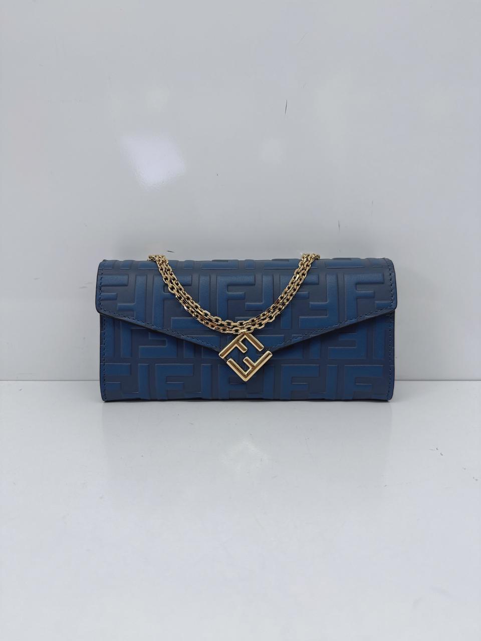 BLUE CALFSKIN LEATHER FF ZUCCA CONTINENTAL WALLET WITH CHAIN
