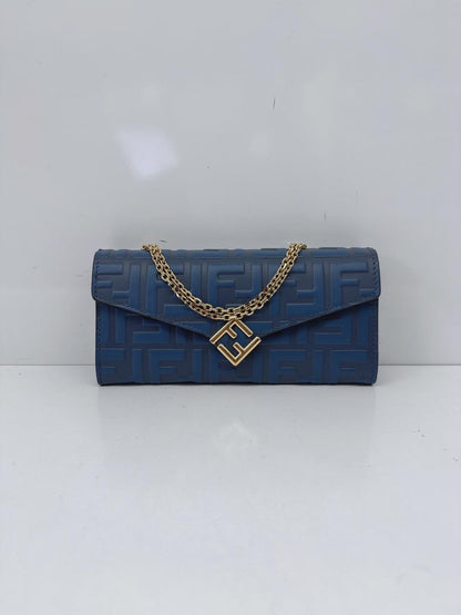 BLUE CALFSKIN LEATHER FF ZUCCA CONTINENTAL WALLET WITH CHAIN