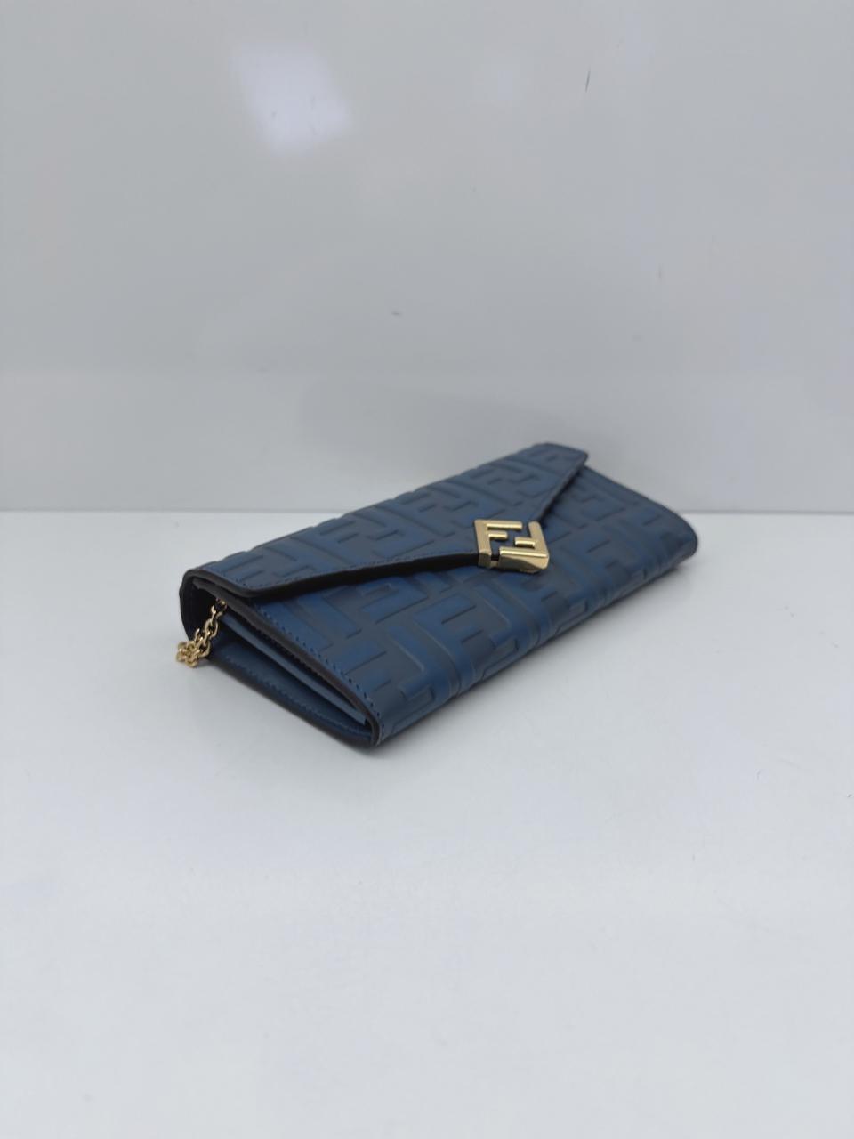 BLUE CALFSKIN LEATHER FF ZUCCA CONTINENTAL WALLET WITH CHAIN