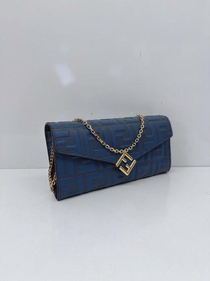 BLUE CALFSKIN LEATHER FF ZUCCA CONTINENTAL WALLET WITH CHAIN
