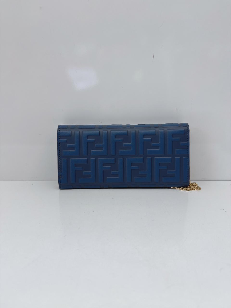 BLUE CALFSKIN LEATHER FF ZUCCA CONTINENTAL WALLET WITH CHAIN