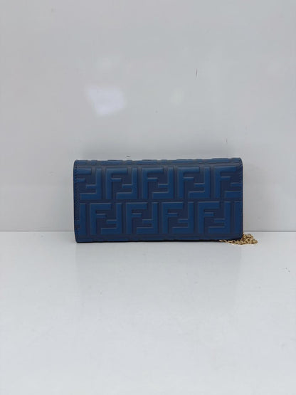 BLUE CALFSKIN LEATHER FF ZUCCA CONTINENTAL WALLET WITH CHAIN