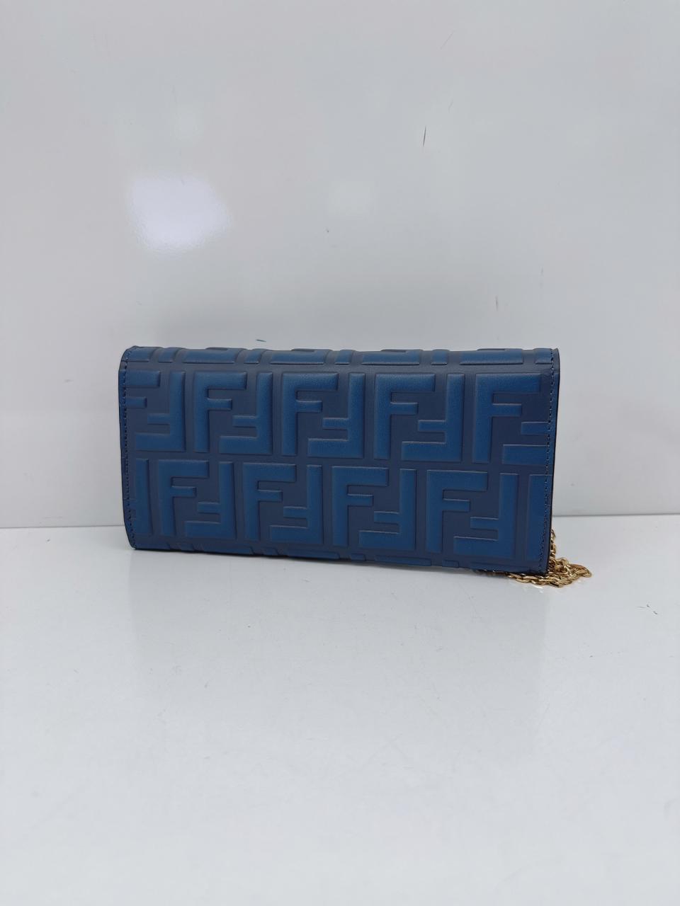 BLUE CALFSKIN LEATHER FF ZUCCA CONTINENTAL WALLET WITH CHAIN