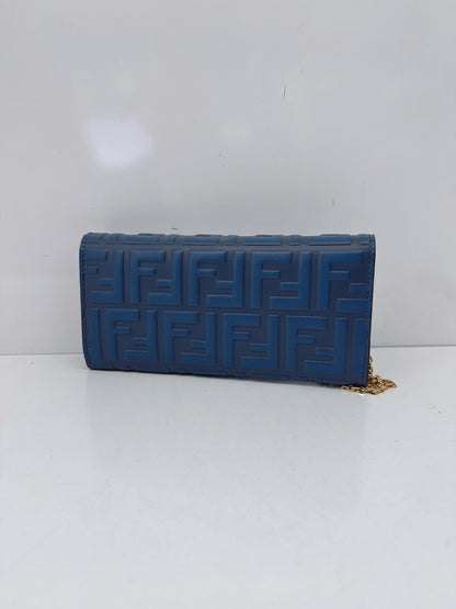 BLUE CALFSKIN LEATHER FF ZUCCA CONTINENTAL WALLET WITH CHAIN