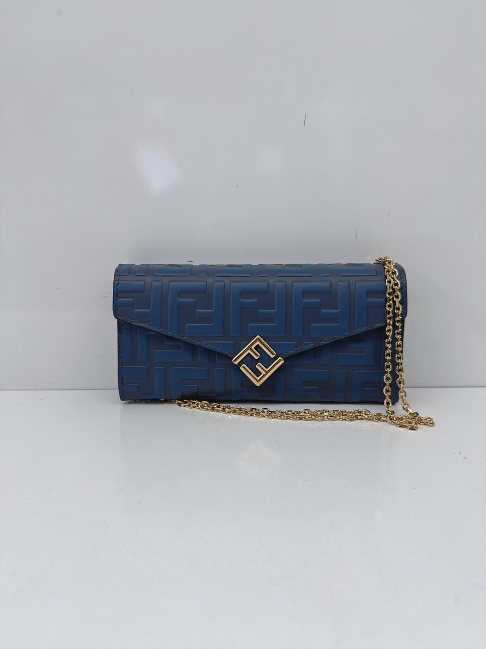 BLUE CALFSKIN LEATHER FF ZUCCA CONTINENTAL WALLET WITH CHAIN