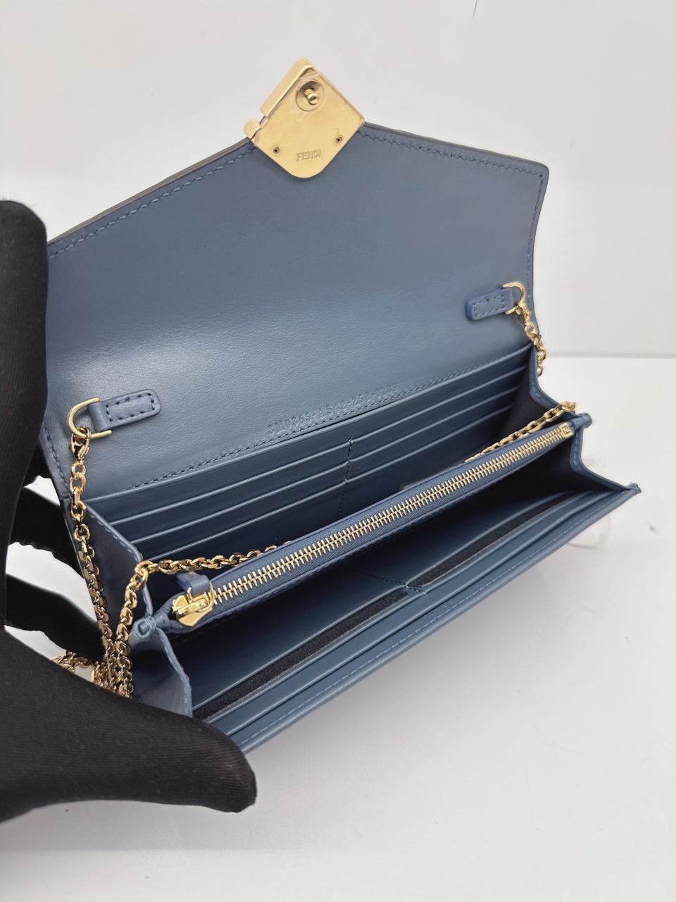 BLUE CALFSKIN LEATHER FF ZUCCA CONTINENTAL WALLET WITH CHAIN