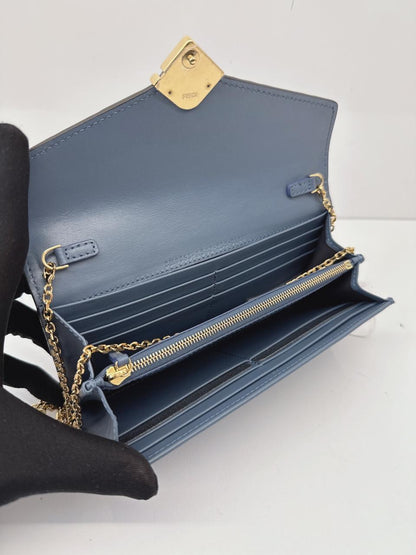 BLUE CALFSKIN LEATHER FF ZUCCA CONTINENTAL WALLET WITH CHAIN