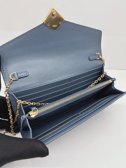 BLUE CALFSKIN LEATHER FF ZUCCA CONTINENTAL WALLET WITH CHAIN