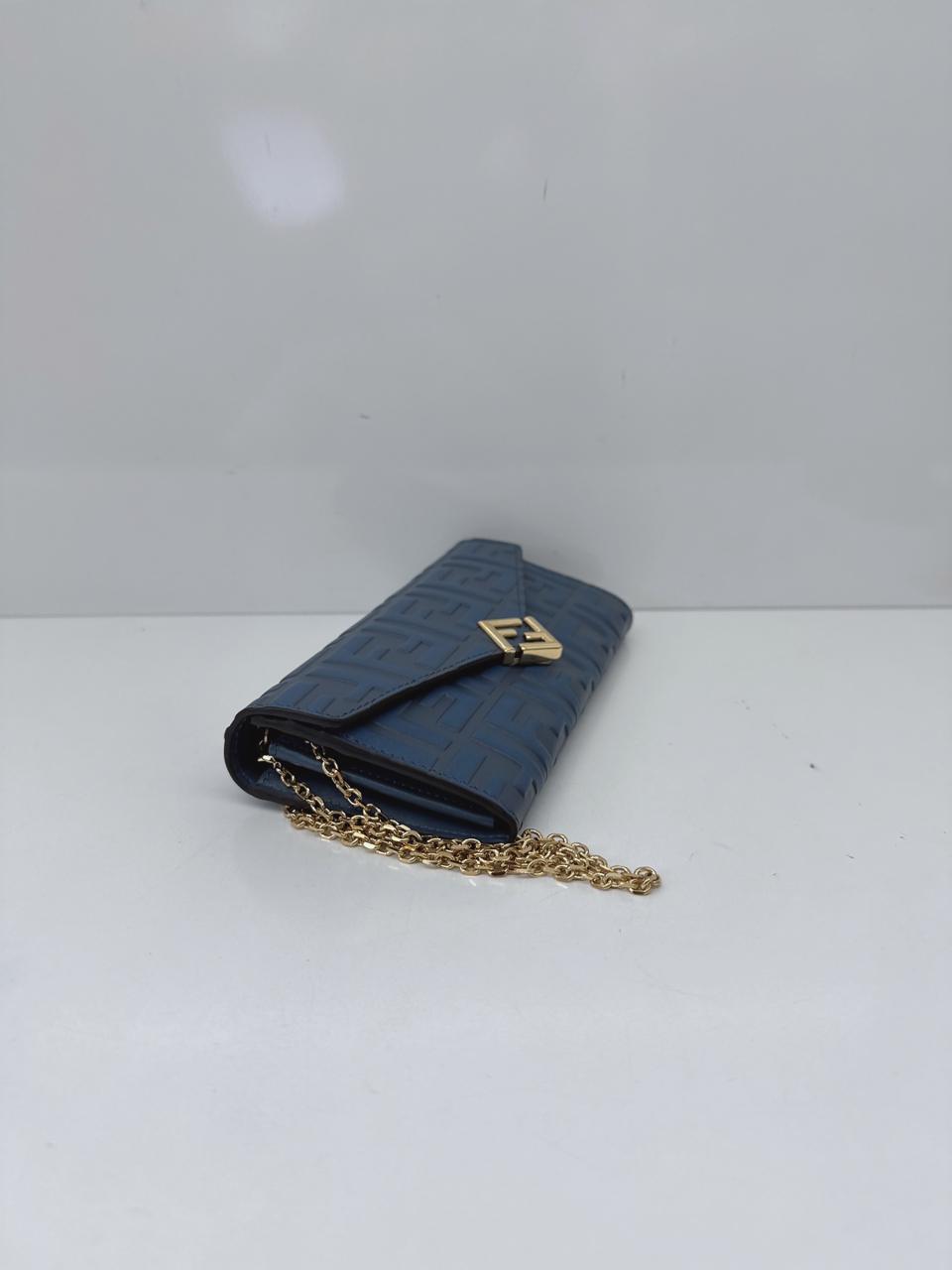 BLUE CALFSKIN LEATHER FF ZUCCA CONTINENTAL WALLET WITH CHAIN