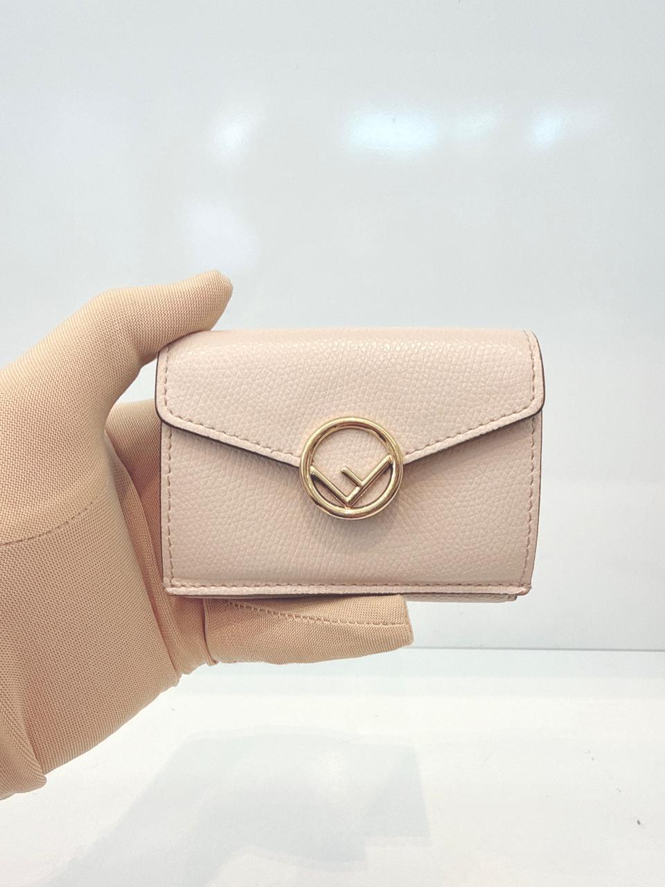 LIGHT BEIGE LEATHER COMPACT F MICRO TRIFOLD WALLET