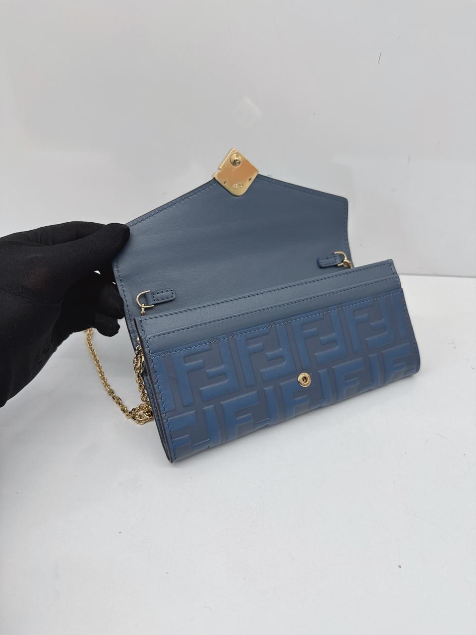 BLUE CALFSKIN LEATHER FF ZUCCA CONTINENTAL WALLET WITH CHAIN